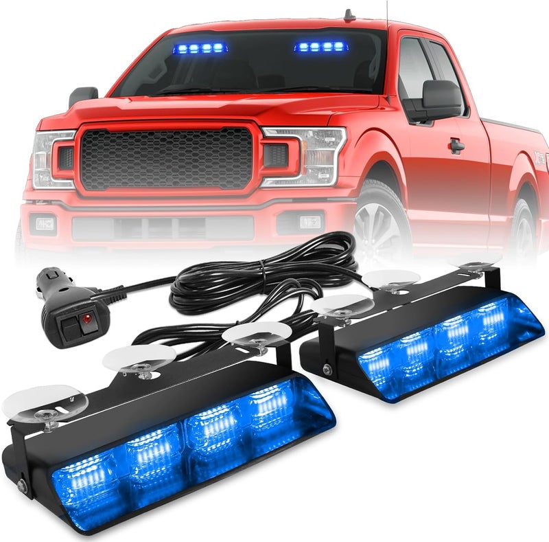 HLauto 2002L Emergency Dash Strobe Lights: Blue Safety Lights, Flashing Warning Hazard Windshield Visor Traffic Light Bars for Trucks, Construction Vehicles (2x8.5 inch, 48LED) - Image 1